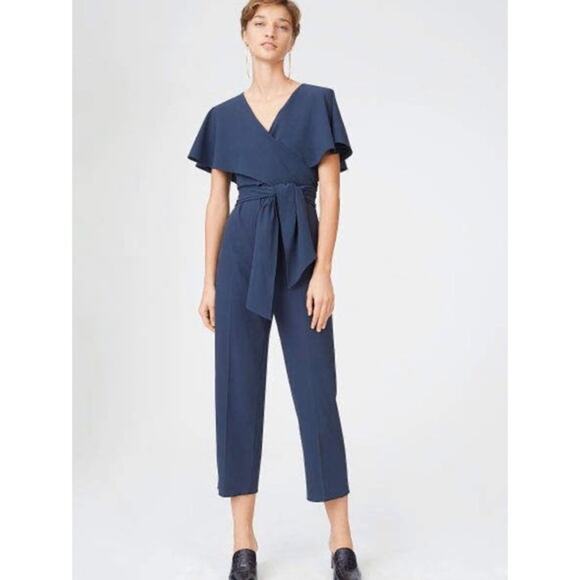 Club Monaco Catalenah Ruffle Tie Waist Jumpsuit Flutter Sleeve Navy Blue - Picture 1 of 13